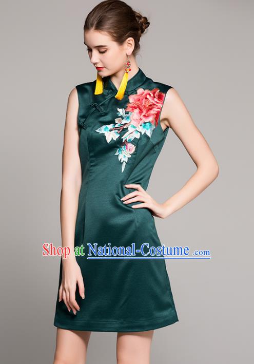 Chinese National Costume Tang Suit Green Qipao Dress Traditional Embroidered Peony Cheongsam for Women