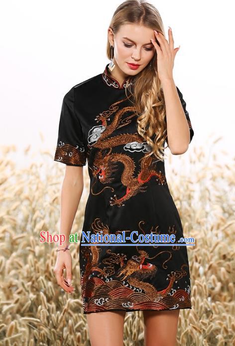 Chinese National Costume Tang Suit Black Qipao Dress Traditional Embroidered Dragon Cheongsam for Women