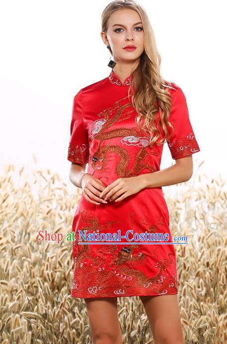 Chinese National Costume Tang Suit Red Qipao Dress Traditional Embroidered Dragon Cheongsam for Women