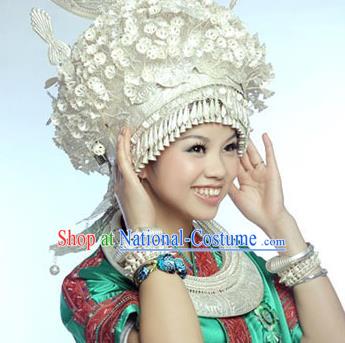 Traditional Chinese Miao Nationality Phoenix Coronet Hair Accessories Sliver Crown Headwear for Women