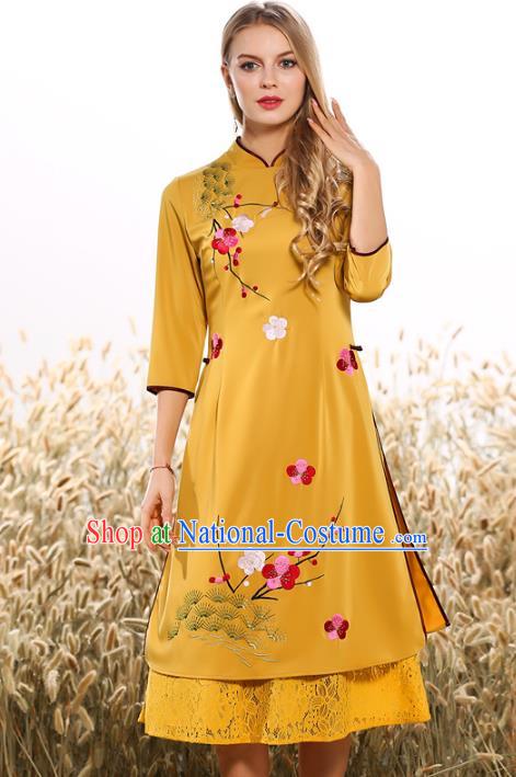 Chinese National Costume Tang Suit Yellow Qipao Dress Traditional Embroidered Peach Blossom Cheongsam for Women