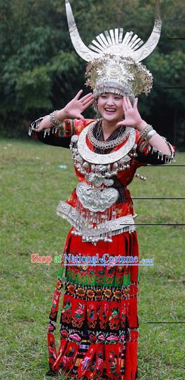 Traditional Chinese Miao Minority Nationality Wedding Costume Hmong Bride Folk Dance Red Dress for Women