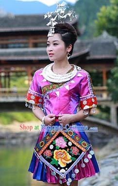 Traditional Chinese Miao Minority Nationality Costume Hmong Folk Dance Purple Dress for Women