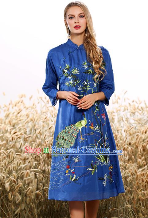 Chinese National Costume Tang Suit Blue Qipao Dress Traditional Embroidered Bamboo Cheongsam for Women