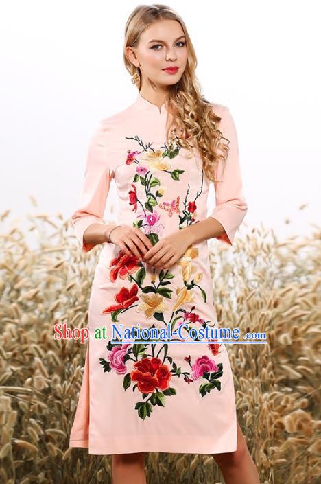 Chinese National Costume Tang Suit Pink Qipao Dress Traditional Embroidered Flowers Cheongsam for Women