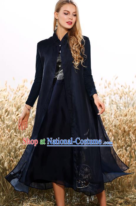 Chinese National Costume Tang Suit Two-pieces Navy Qipao Dress Traditional Embroidered Cheongsam for Women