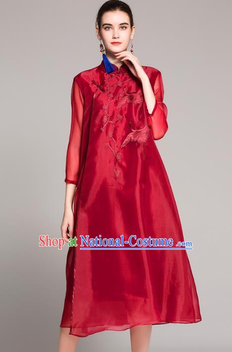 Chinese National Costume Tang Suit Red Qipao Dress Traditional Embroidered Cranes Cheongsam for Women