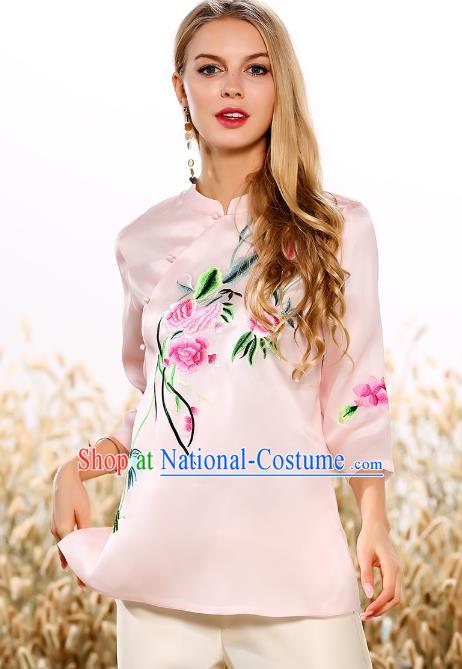 Chinese National Costume Tang Suit Qipao Pink Blouse Traditional Embroidered Peony Shirts for Women