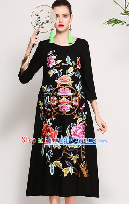 Chinese National Costume Tang Suit Qipao Dress Traditional Embroidered Peony Black Cheongsam for Women