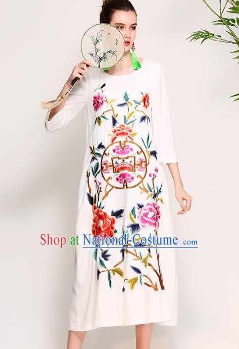 Chinese National Costume Tang Suit Qipao Dress Traditional Embroidered Peony White Cheongsam for Women