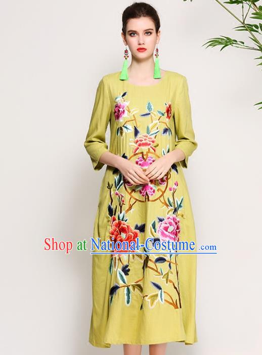 Chinese National Costume Tang Suit Qipao Dress Traditional Embroidered Peony Green Cheongsam for Women