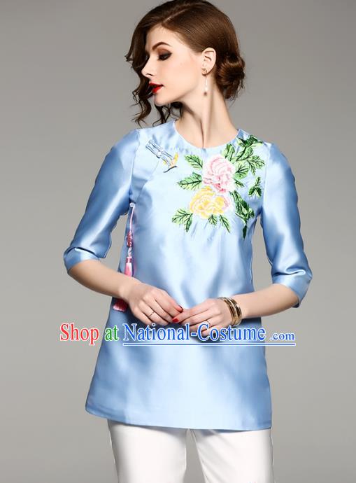 Chinese National Costume Tang Suit Qipao Shirts Traditional Embroidered Peony Blue Blouse for Women