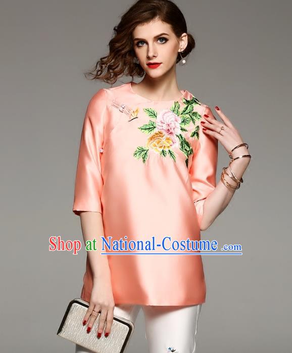 Chinese National Costume Tang Suit Qipao Shirts Traditional Embroidered Peony Orange Blouse for Women