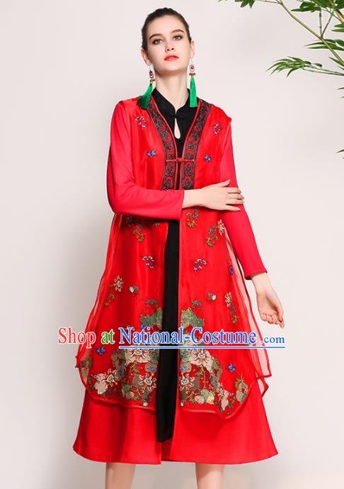 Chinese National Costume Tang Suit Red Dust Coats Traditional Embroidered Coat for Women