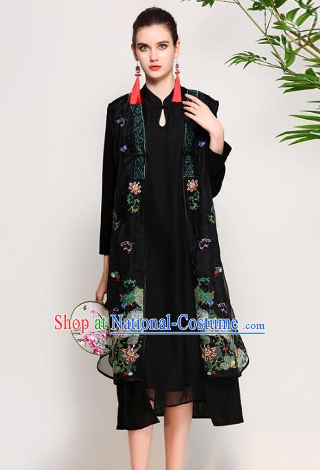 Chinese National Costume Tang Suit Black Dust Coats Traditional Embroidered Coat for Women