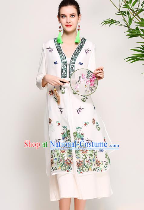 Chinese National Costume Tang Suit White Dust Coats Traditional Embroidered Coat for Women