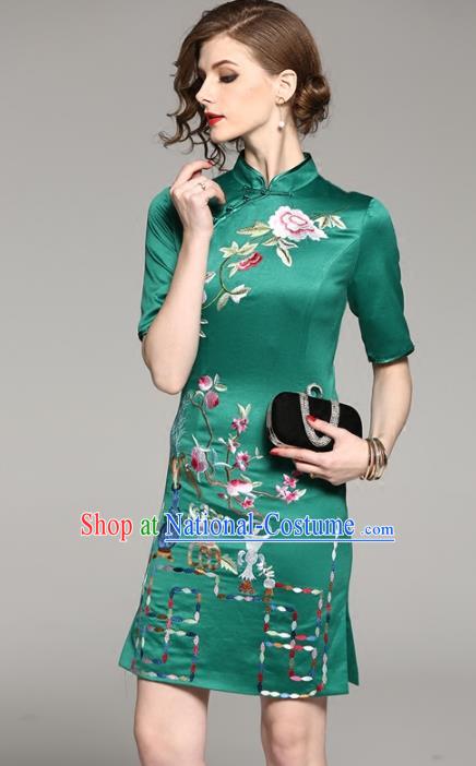 Chinese National Costume Tang Suit Silk Qipao Dress Traditional Embroidered Green Cheongsam for Women