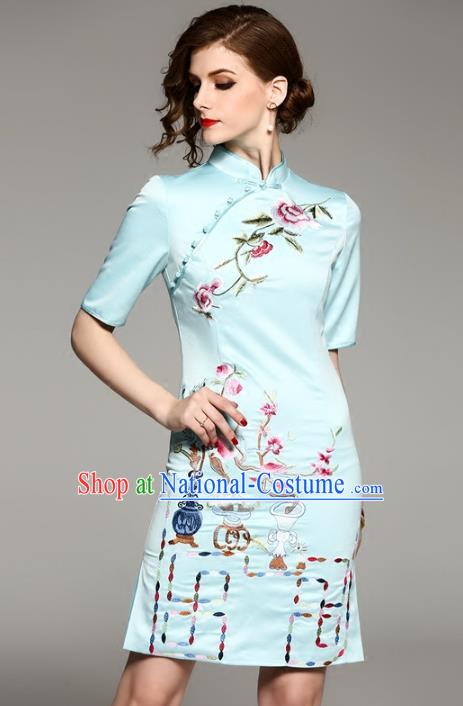 Chinese National Costume Tang Suit Silk Qipao Dress Traditional Embroidered Blue Cheongsam for Women