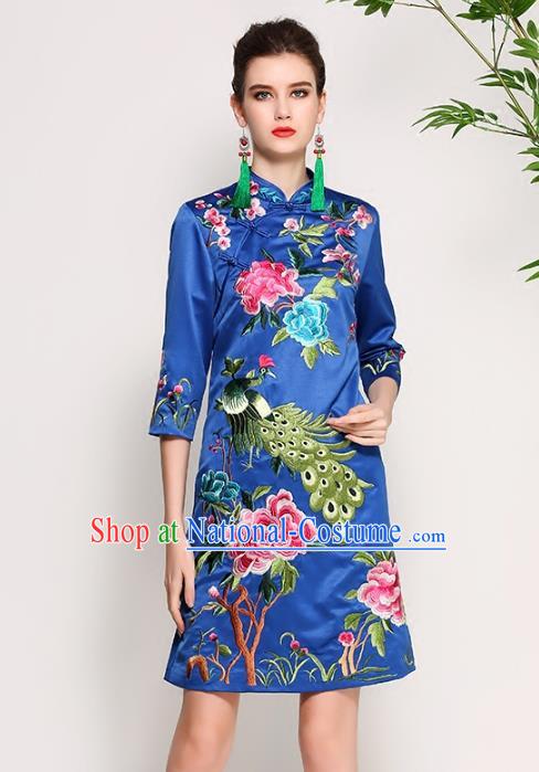 Chinese National Costume Tang Suit Blue Silk Qipao Dress Traditional Embroidered Peony Cheongsam for Women