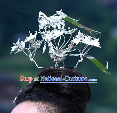 Traditional Chinese Miao Nationality Hair Accessories Sliver Birds Hairpins Hmong Hair Clip Headwear for Women