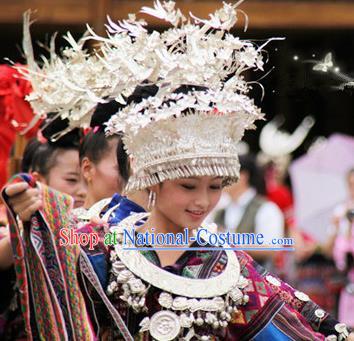 Traditional Chinese Miao Nationality Wedding Phoenix Coronet Hair Accessories Sliver Crown Headwear for Women