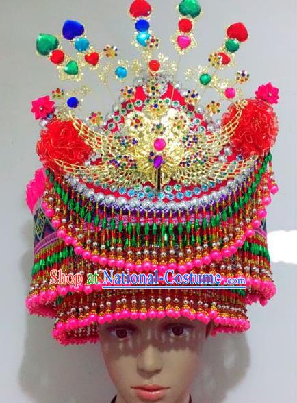 Traditional Chinese Yi Nationality Dance Hair Accessories Crystal Hats Hmong Ethnic Minority Headwear for Women