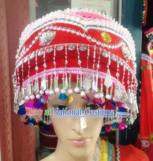 Traditional Chinese Bai Nationality Hair Accessories Red Hats Yi Ethnic Minority Headwear for Women