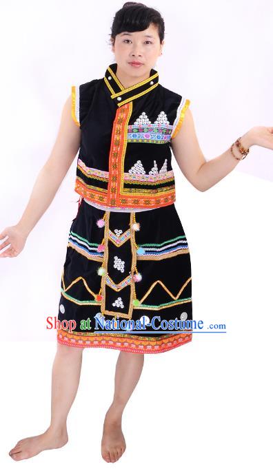 Traditional Chinese Wa Nationality Folk Dance Black Costume China Ethnic Minority Skirt for Women