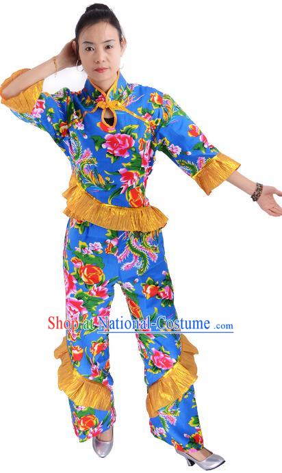 Traditional Chinese Yangge Fan Dance Costume, China Folk Dance Yangko Blue Clothing for Women