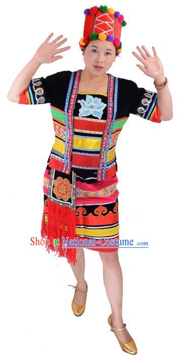 Traditional Chinese Hani Nationality Dance Costume, Female Folk Dance Ethnic Minority Embroidery Clothing for Women