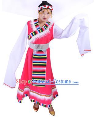 Traditional Chinese Zang Nationality Dance Costume, Tibetan Female Folk Dance Ethnic Minority Embroidery Rosy Dress for Women