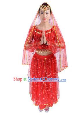 Traditional India Folk Dance Costume, Indian Female Dance Red Dress for Women