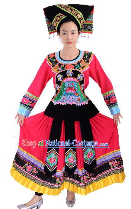 Traditional Chinese Yi Nationality Dance Pink Costume, Female Folk Dance Yi Ethnic Minority Clothing for Women