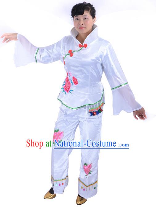 Traditional Chinese Classical Dance Yangge Fan Dancing Costume, Folk Dance Drum Dance White Uniform Yangko Costume for Women