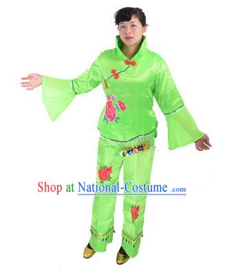 Traditional Chinese Classical Dance Yangge Fan Dancing Costume, Folk Dance Drum Dance Green Uniform Yangko Costume for Women