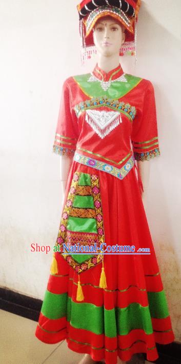 Traditional Chinese Yi Nationality Minority Wedding Costume, Female Folk Dance Yi Ethnic Pleated Skirt Clothing for Women