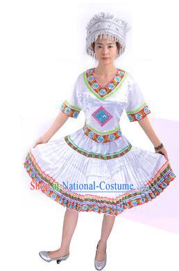 Traditional Chinese Miao Nationality Costume China Hmong Ethnic Minority White Dress for Women