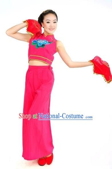 Traditional Chinese Classical Dance Yangge Fan Dancing Rosy Costume, Folk Dance Uniform Yangko Costume for Women