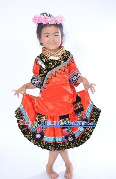 Traditional Chinese Yi Nationality Dance Costume, Folk Dance Ethnic Dance Red Dress for Kids