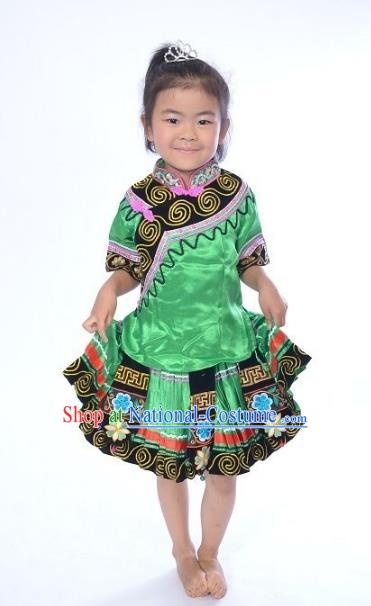 Traditional Chinese Yi Nationality Dance Costume, Folk Dance Ethnic Dance Green Dress for Kids