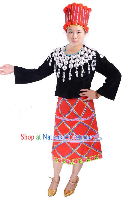 Traditional Chinese Jingpo Nationality Folk Dance Costume China Ethnic Minority Dress for Women