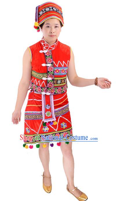 Traditional Chinese Gaoshan Nationality Folk Dance Costume China Ethnic Minority Red Dress for Women