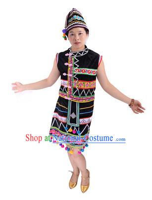 Traditional Chinese Gaoshan Nationality Folk Dance Costume China Ethnic Minority Black Dress for Women