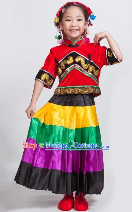 Traditional Chinese Yi Nationality Red Costume, China Yi Ethnic Folk Dance Clothing for Kids