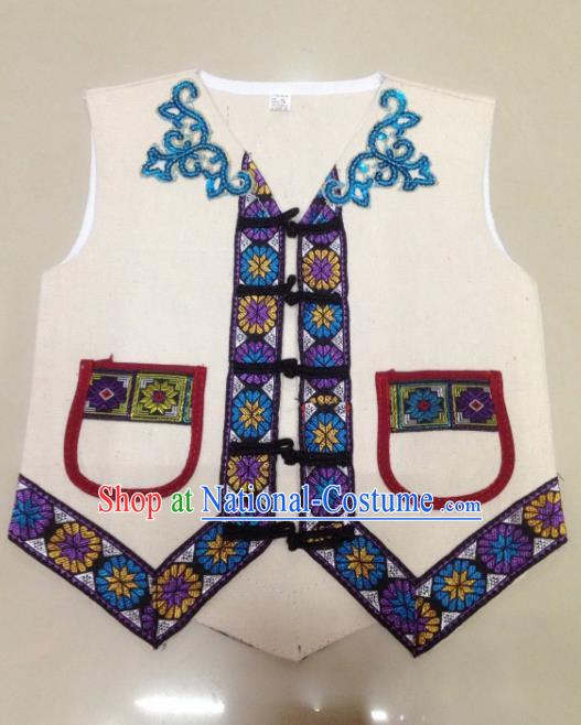 Traditional Chinese Yi Nationality Costume White Vest Ethnic Folk Dance Clothing for Kids