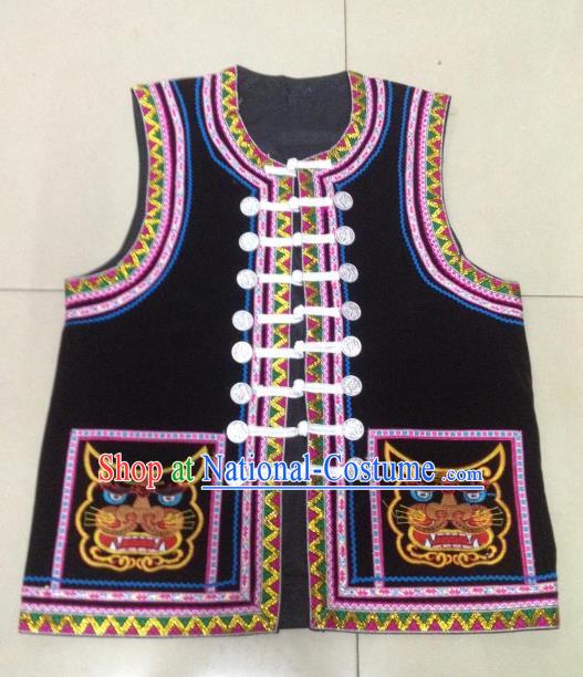 Traditional Chinese Bai Nationality Costume Ethnic Folk Dance Clothing Embroidered Black Vests for Men