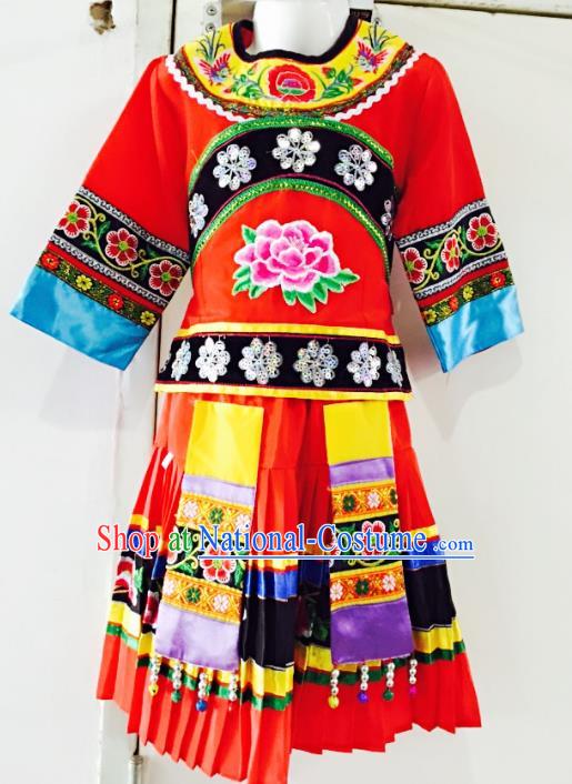 Traditional Chinese Jingpo Nationality Dance Costume Folk Dance Ethnic Red Dress Clothing for Kids