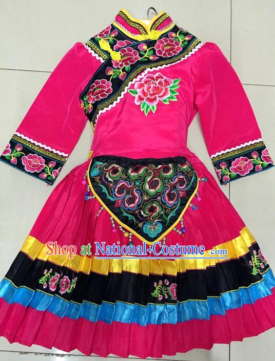 Traditional Chinese Jingpo Nationality Dance Costume Folk Dance Ethnic Rosy Dress Clothing for Kids