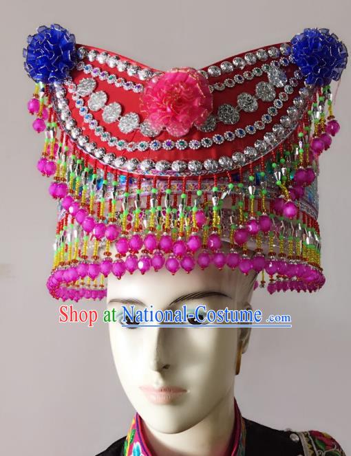 Traditional Chinese Yi Nationality Minority Beads Tassel Hats Hair Accessories Ethnic Headwear for Women