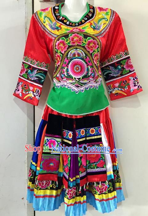 Traditional Chinese Hani Nationality Dance Embroidered Costume Folk Dance Ethnic Red Dress Clothing for Women